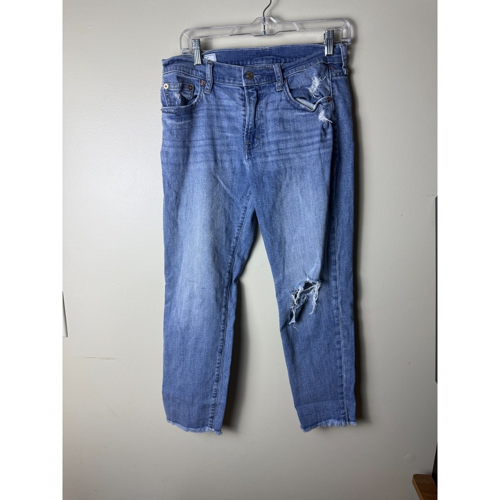 Gap Girlfriend Jeans Womens 28/6R Blue Light Wash Mid Rise Distressed Raw Hem